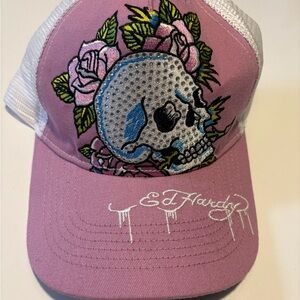 Ed Hardy Pink Trucker Hat Rhinestone Skull Roses | New Without Tags